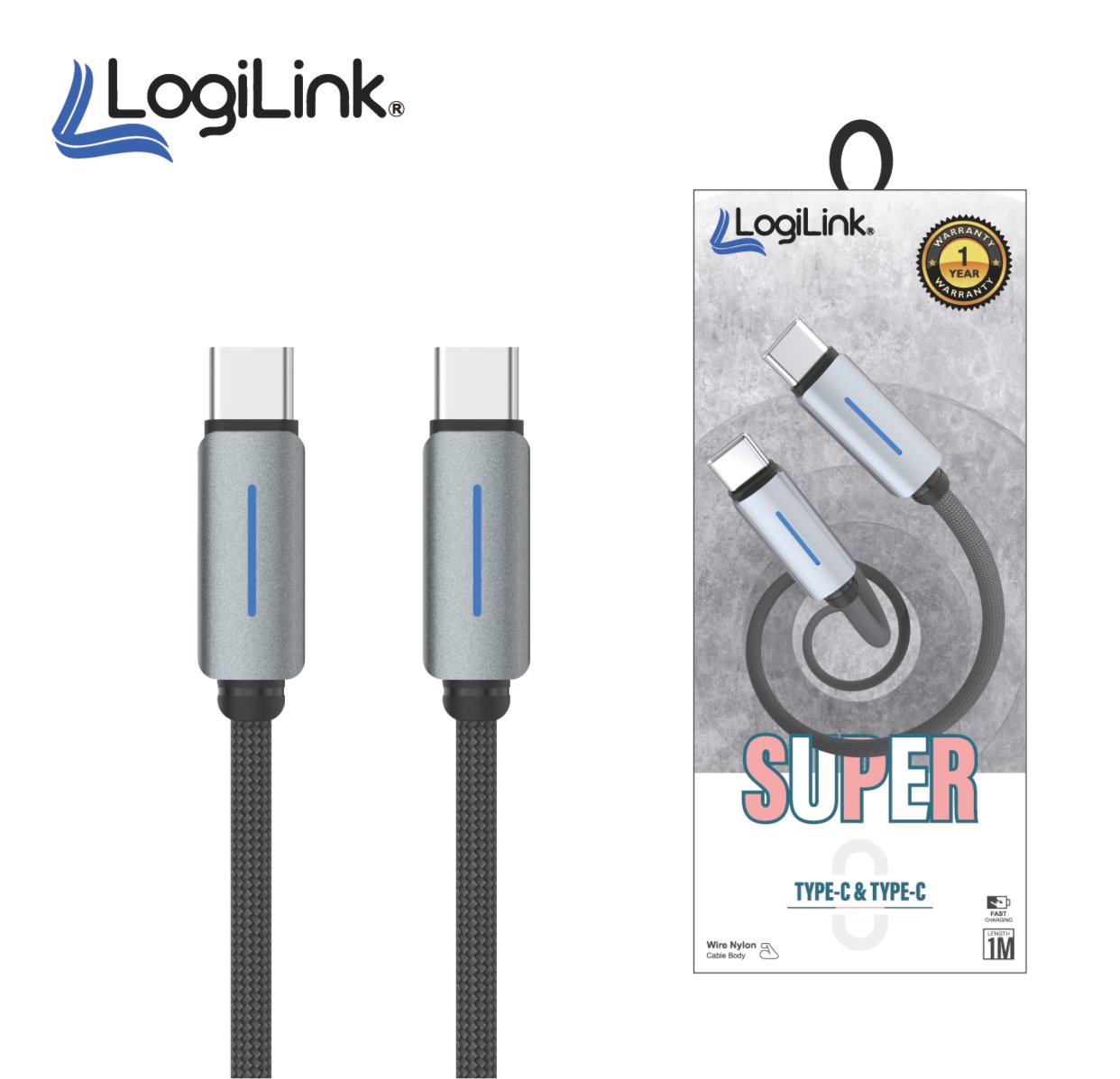 Logilink Type C to Type C Nylon Braided Fast Charging Data Cable 1M - Durable & Efficient