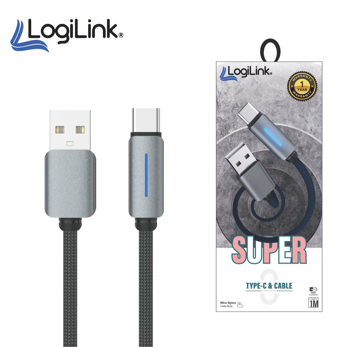 Logilink USB to Type-C Nylon Fast Charging Data Cable 1M - Durable & Efficient