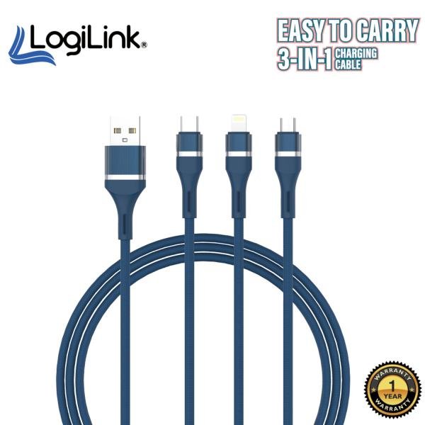 LOGILINK 3-in-1 USB to Micro/Type-C/iPhone Nylon Data Cable - 6A Fast Charging - 1M - Blue