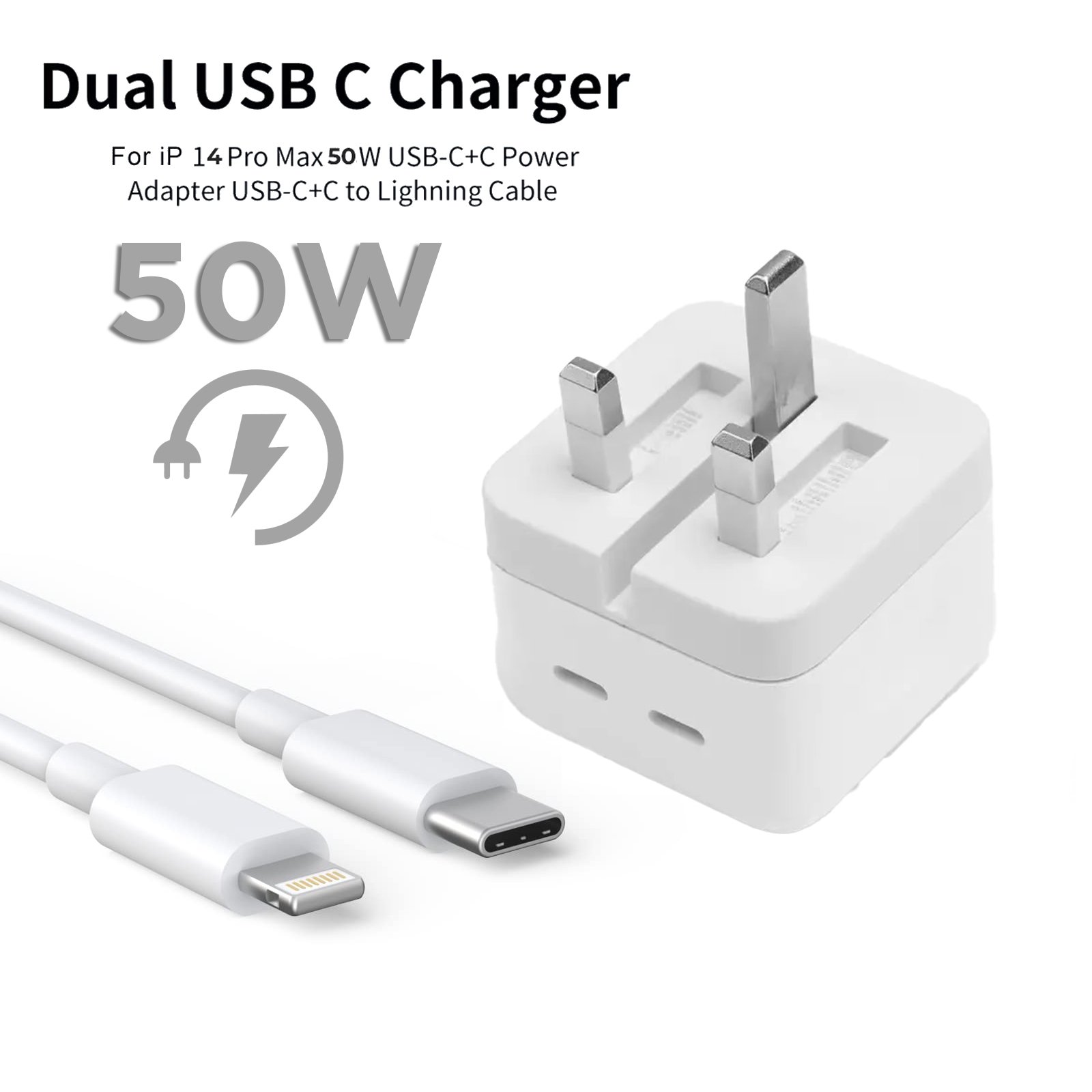 Fast Charging iPhone 14 Pro 50W USB-C Power Adapter with Lightning Cable - UK PIN