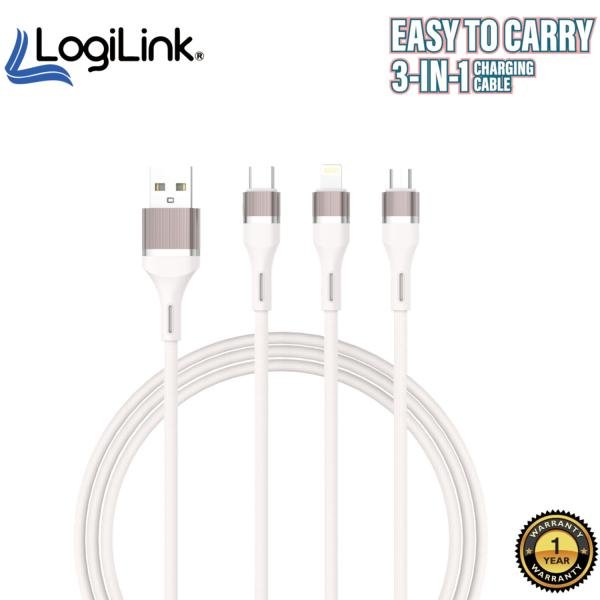 LogiLink 3-in-1 USB Cable - Micro, Type-C & iPhone | Fast Charging 6A, 1M, Durable Design
